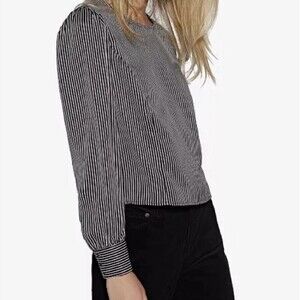 AVEC LES FILLES Black White Striped Cuffed Long Sleeve Shirt Blouse Size Small